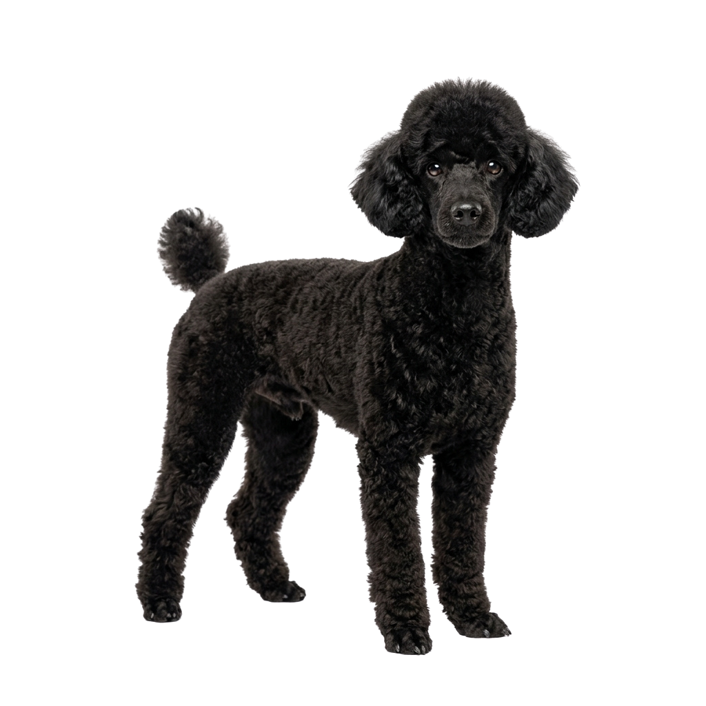 A black poodle standing upright against a plain background