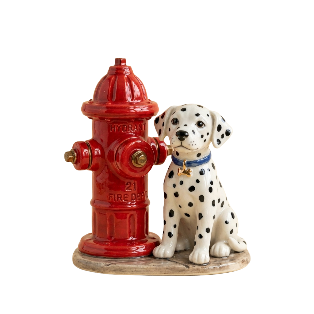 Ceramic Dalmatian puppy sitting next to a red fire hydrant figurine on a base