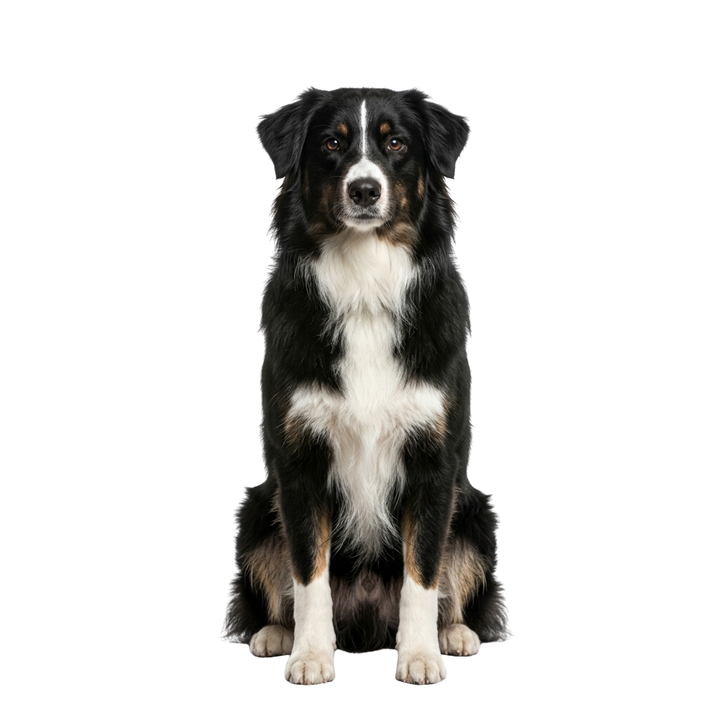 A black and white Bernese Mountain Dog sitting upright against a dark background