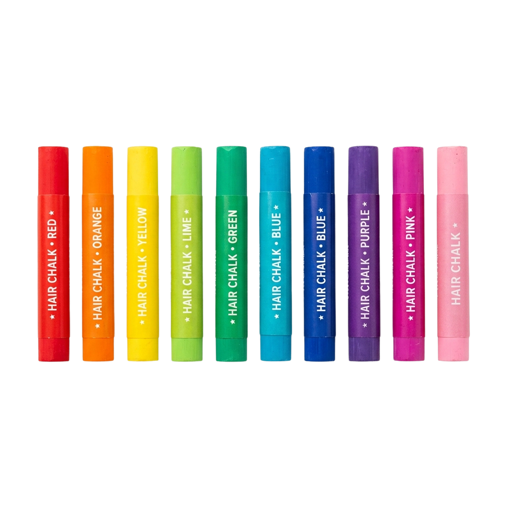 Twelve hair chalk sticks in colors red, orange, yellow, lime, green, blue, purple, and pink arranged in a row