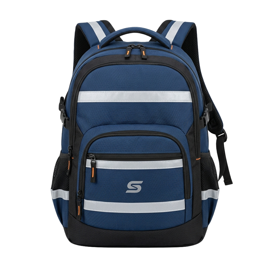 Blue backpack featuring white and orange stripes, multiple compartments, and padded shoulder straps