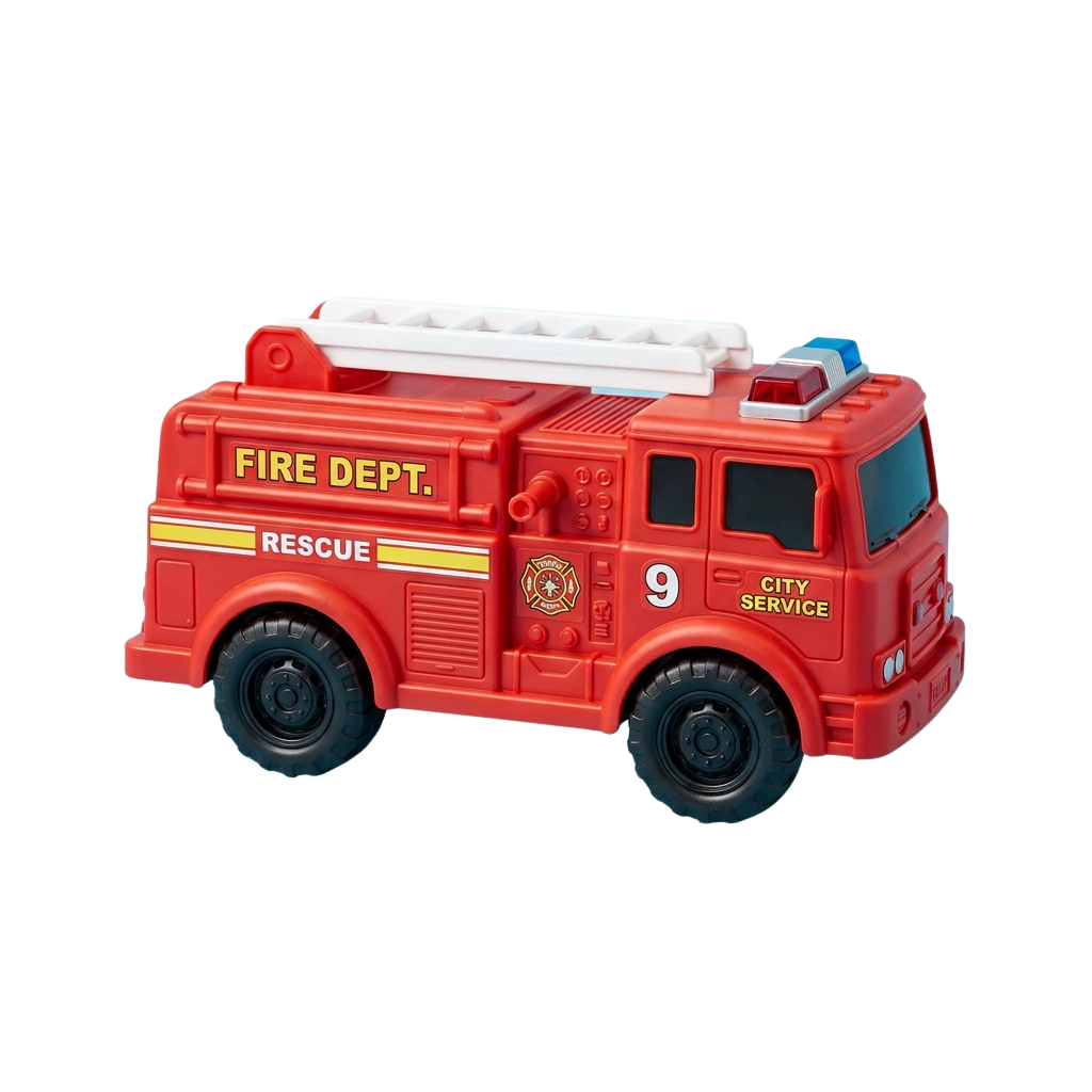 Red toy fire truck with ladder, labeled Fire Dept and City Service, number 9 visible