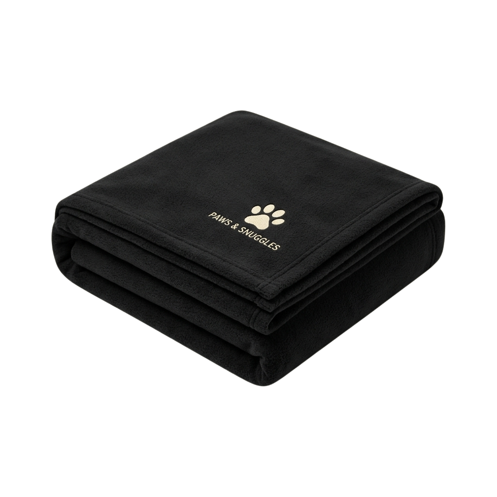 Black fleece blanket featuring white paw print and paw text logo