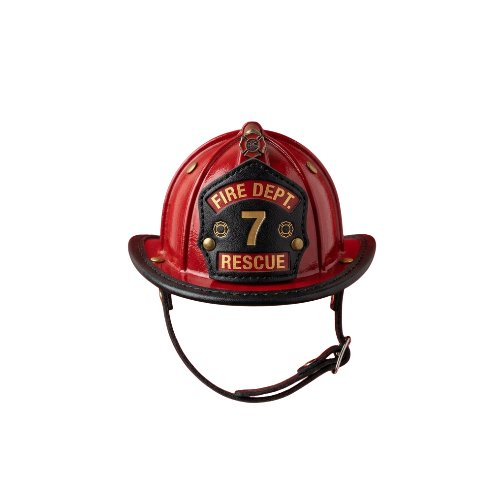 Red firefighter helmet labeled Fire Dept Rescue with number 7 on the front