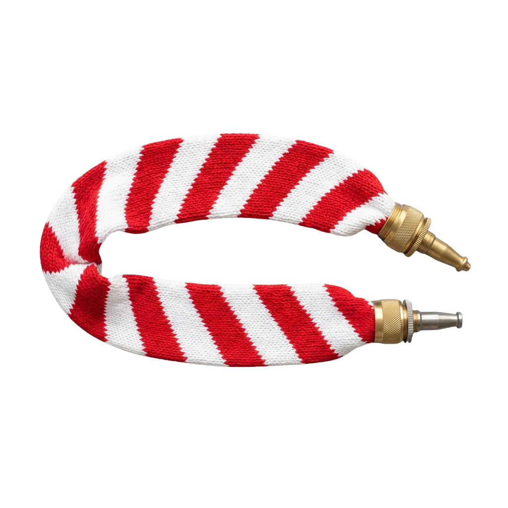 A red and white striped hose shaped like a candy cane with brass connectors on both ends