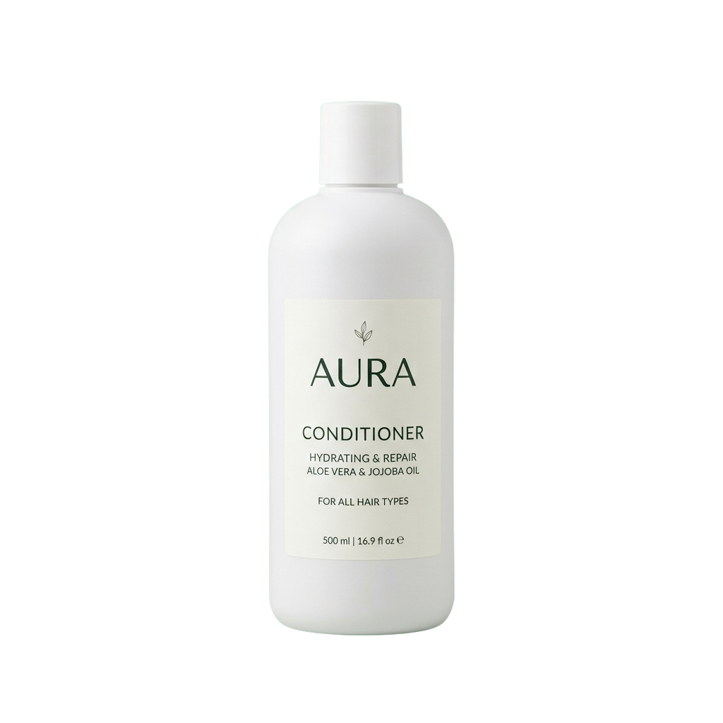 White bottle of conditioner labeled Aura with hydrating and repair benefits using aloe vera and jojoba oil