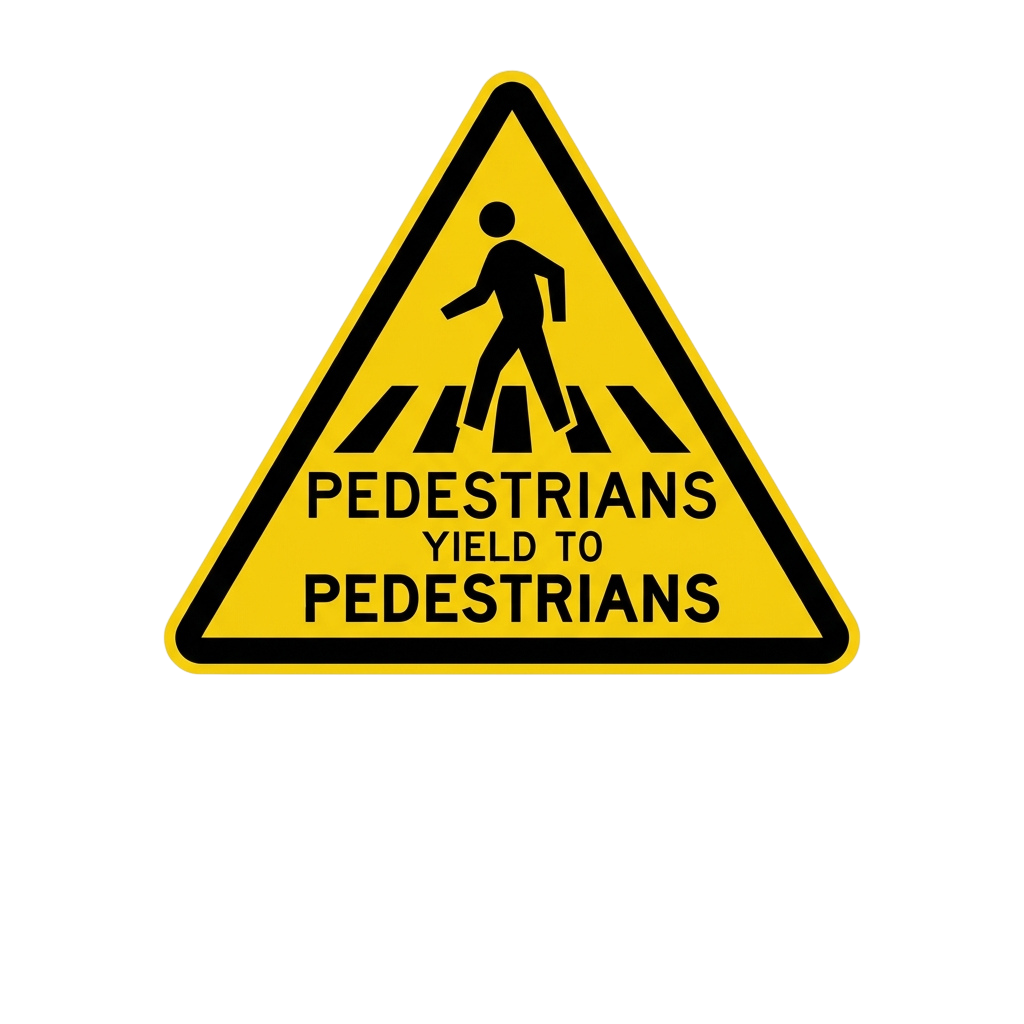Yellow triangular warning sign indicating drivers must yield to pedestrians crossing at a crosswalk