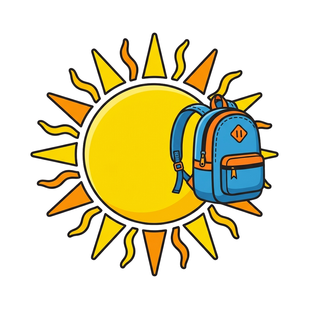 Illustration of a blue backpack attached to a smiling sun with rays