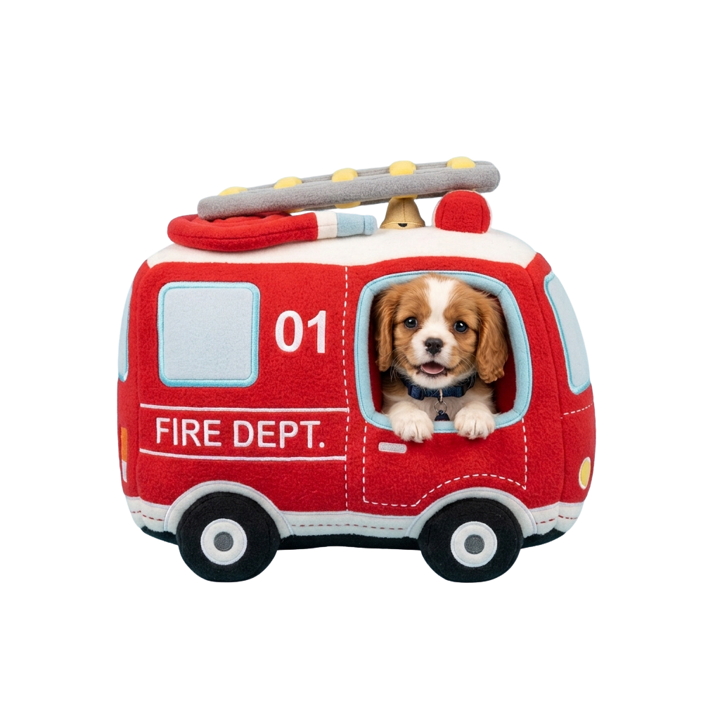 A plush fire truck toy with a Cavalier King Charles Spaniel peeking out of the driver's window.