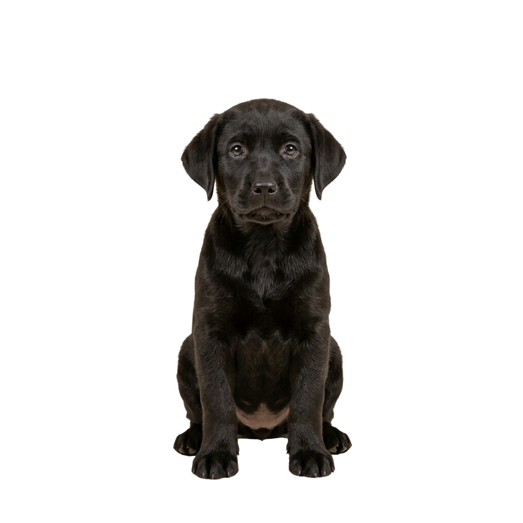 Black Labrador puppy sitting upright against a black background