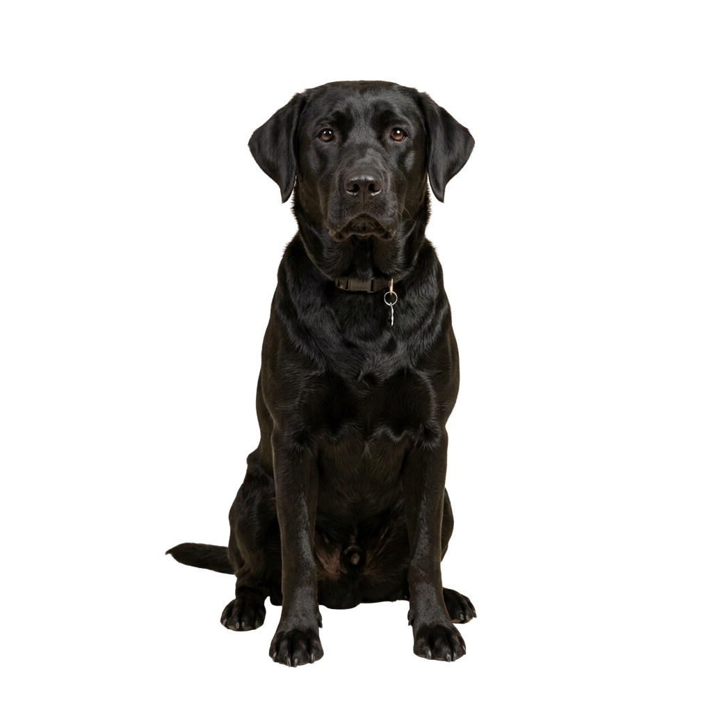 A black Labrador Retriever sitting calmly on a dark background