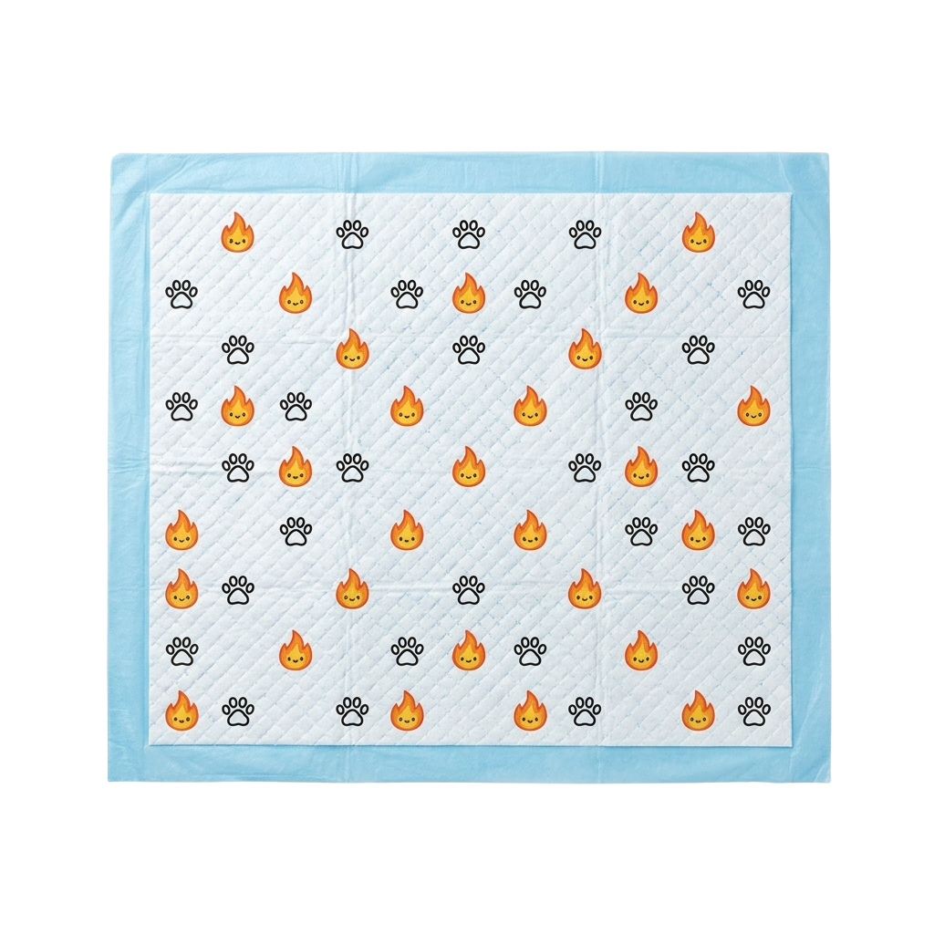 White embroidered dog training pad with paw prints and flame icons on light blue border