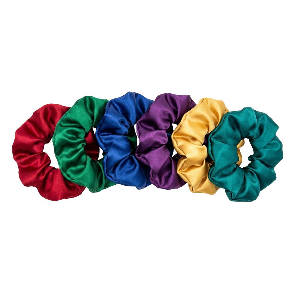 Five fabric scrunchies in red, green, blue, purple, and teal colors laid out in a row