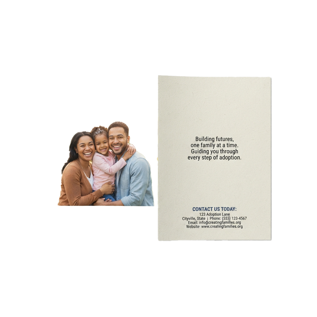 Smiling family of three hugging with an adoption agency contact card beside them
