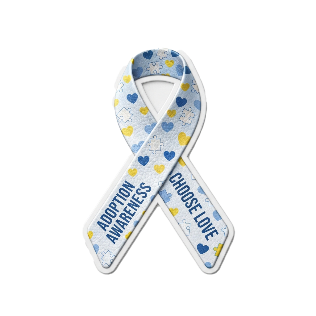 White ribbon with blue and yellow puzzle piece and heart patterns, text reading Adoption Awareness Choose Love