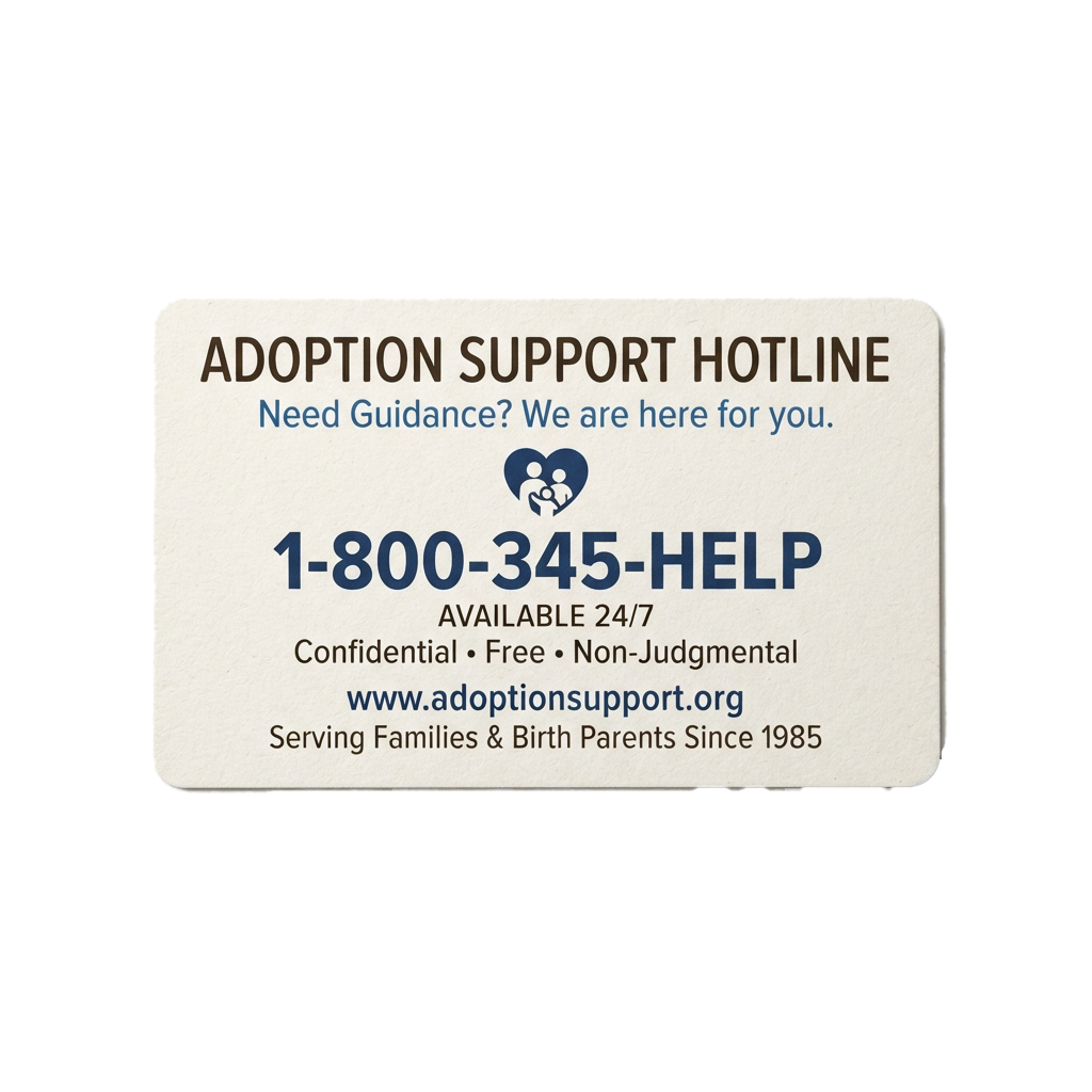 White card displaying adoption support hotline number 1-800-345-HELP with a heart icon and website URL