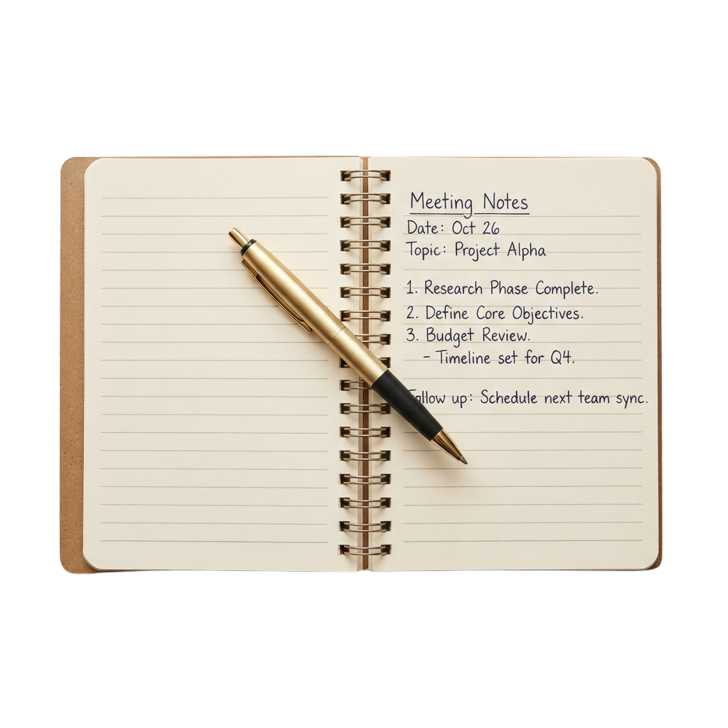 Open notebook showing handwritten meeting notes titled Project Alpha with a pen resting on the page