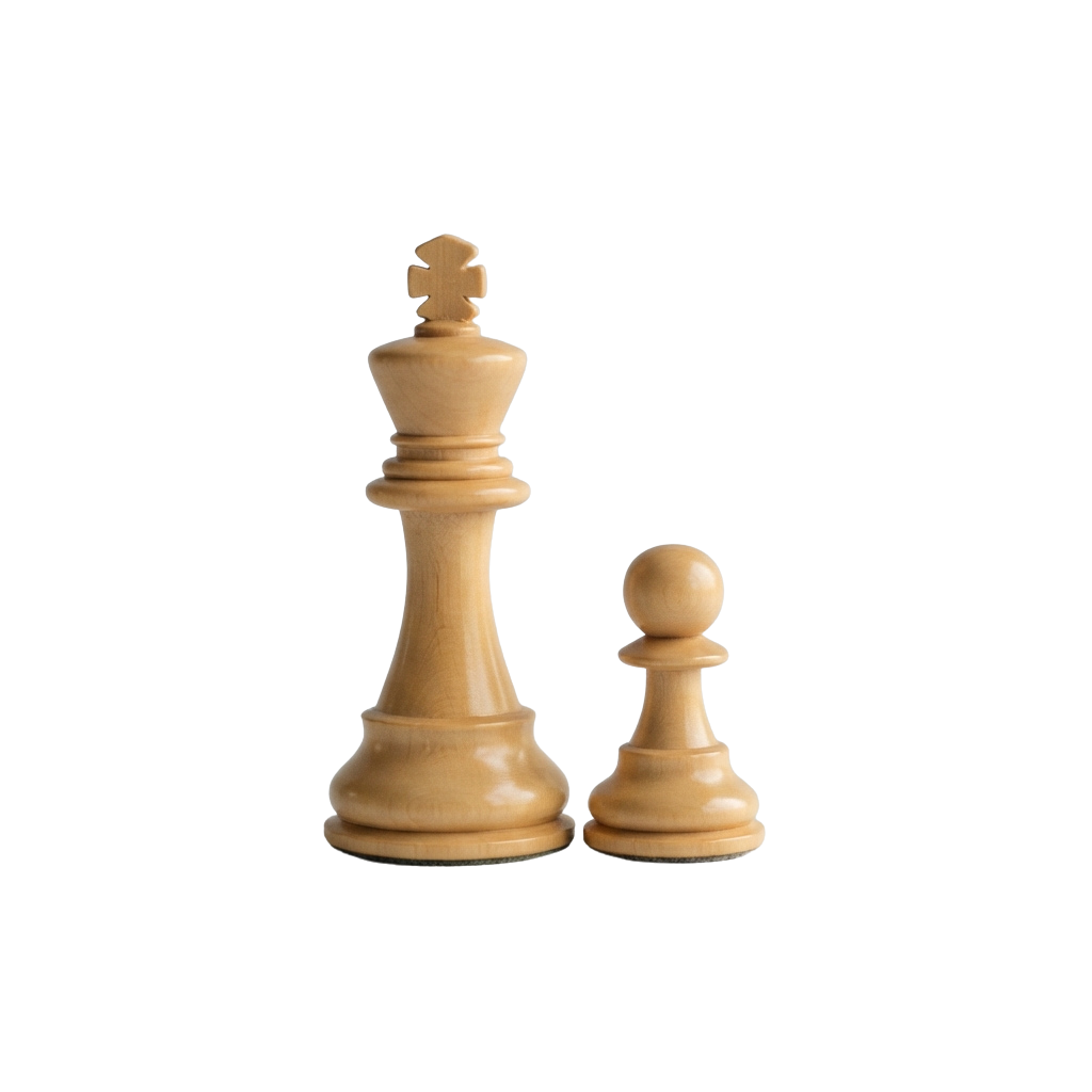 A wooden chess king and pawn in light beige color on a black background