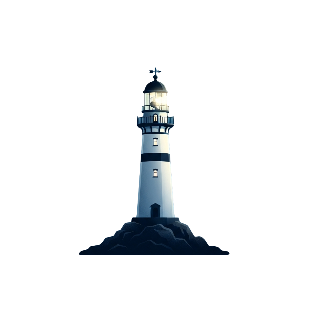 A glowing lighthouse standing on rocky terrain at night