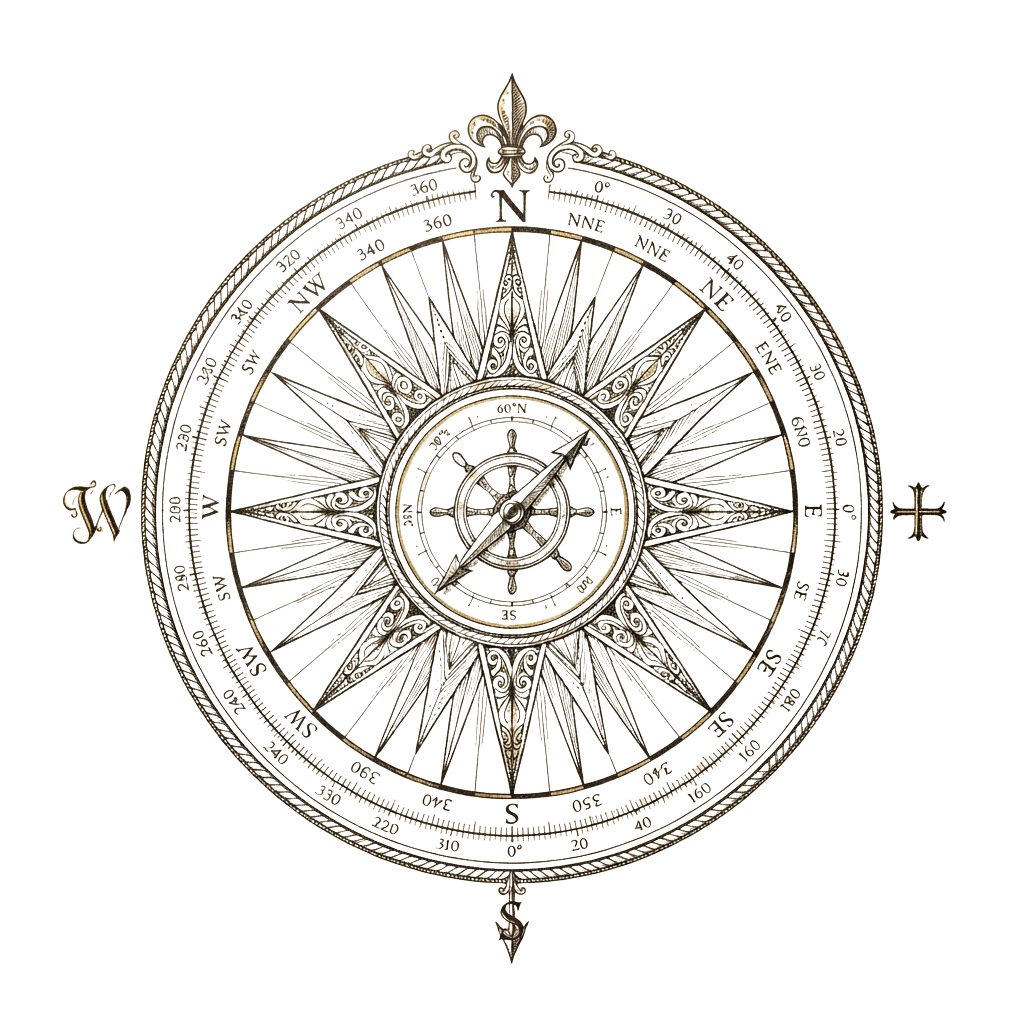 Intricate antique compass rose with detailed directional markings and decorative fleur-de-lis symbol at the top