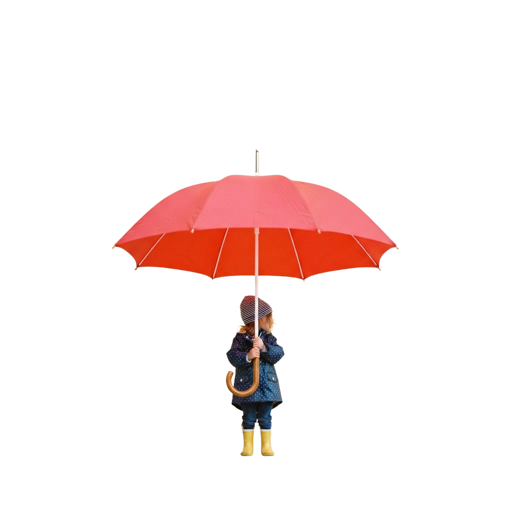 A child figure holding a large red umbrella against a black background
