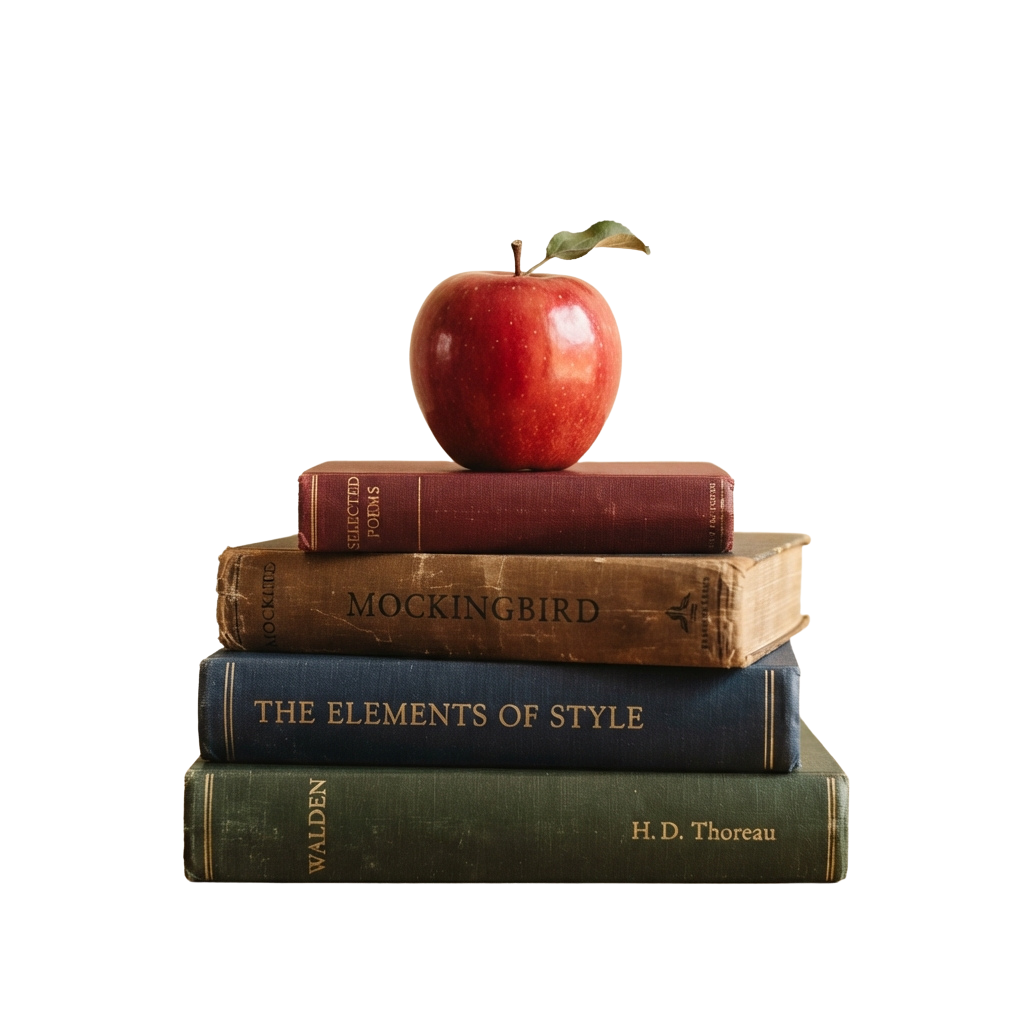 A red apple balanced on top of a stack of vintage books including titles like Mockingbird and Walden