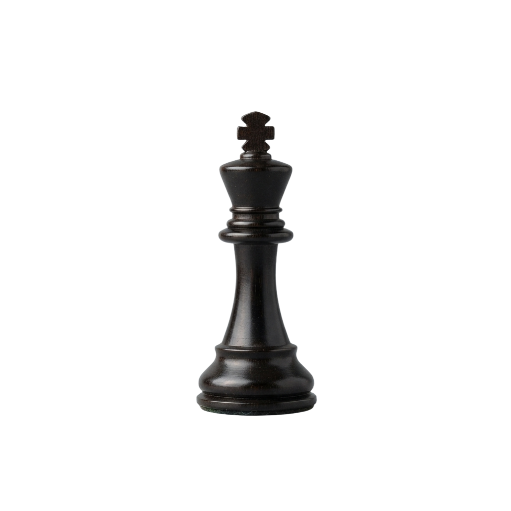 A black chess king piece standing alone against a dark background