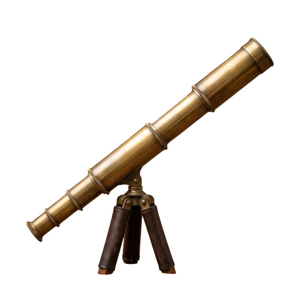 A brass-colored telescope mounted on a three-legged wooden tripod against a black background