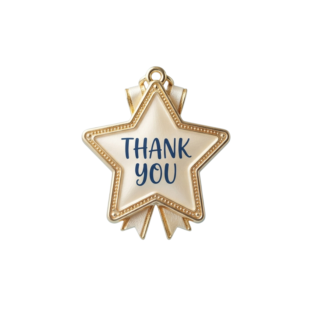 A gold-toned star-shaped pendant with blue Thank You text and a ribbon bow attachment