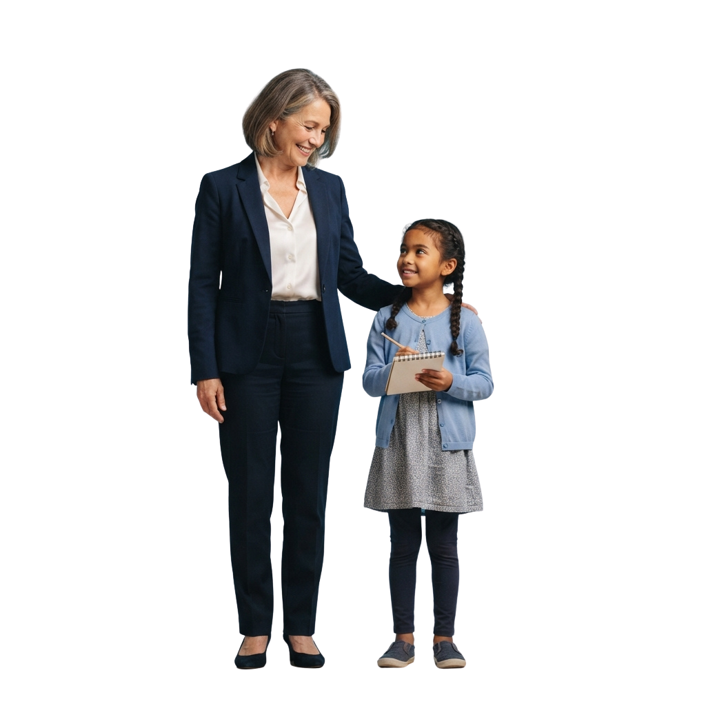 A smiling adult woman in business attire standing beside a young girl holding a notebook and pencil.