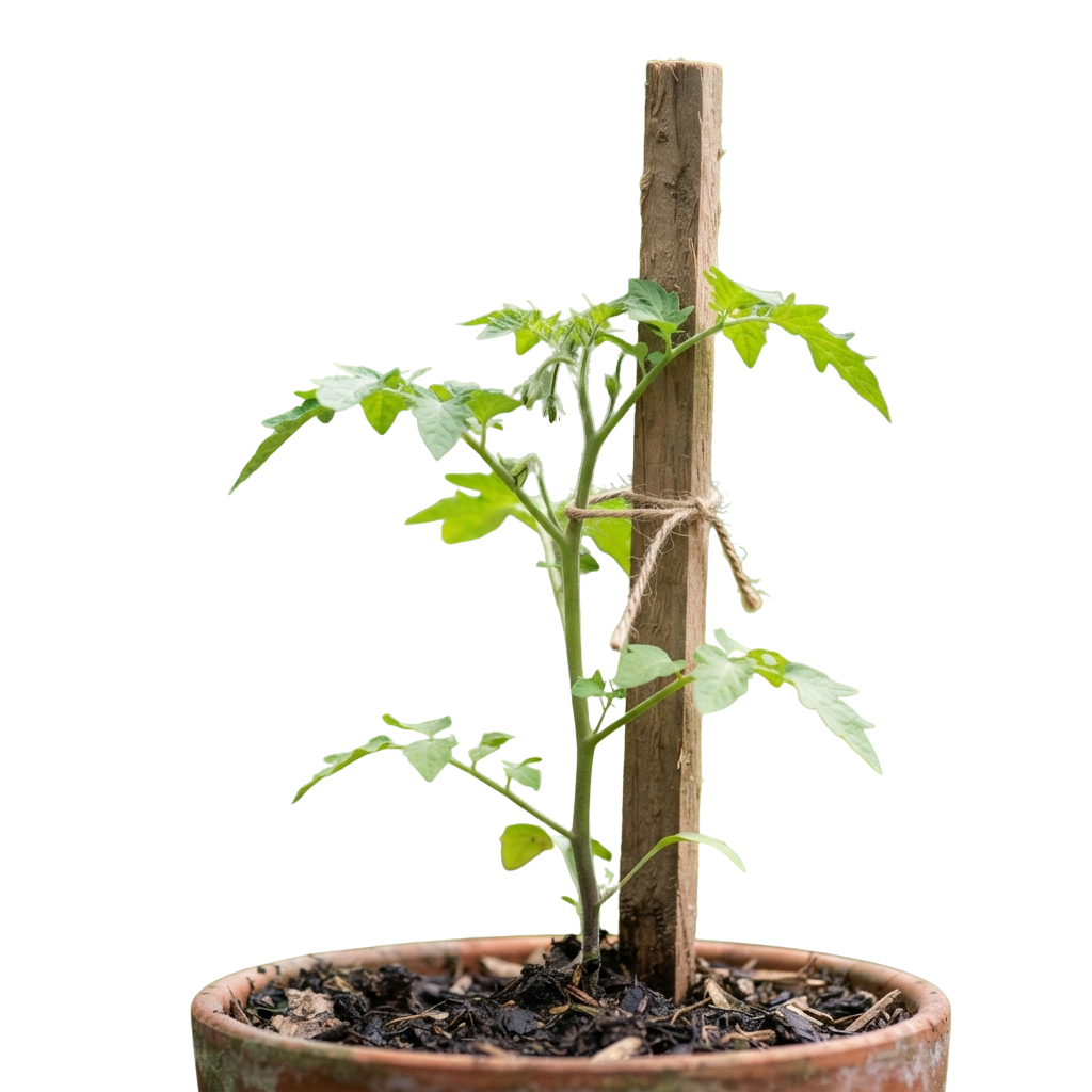 A young tomato plant in a terracotta pot secured with a wooden stake and twine.