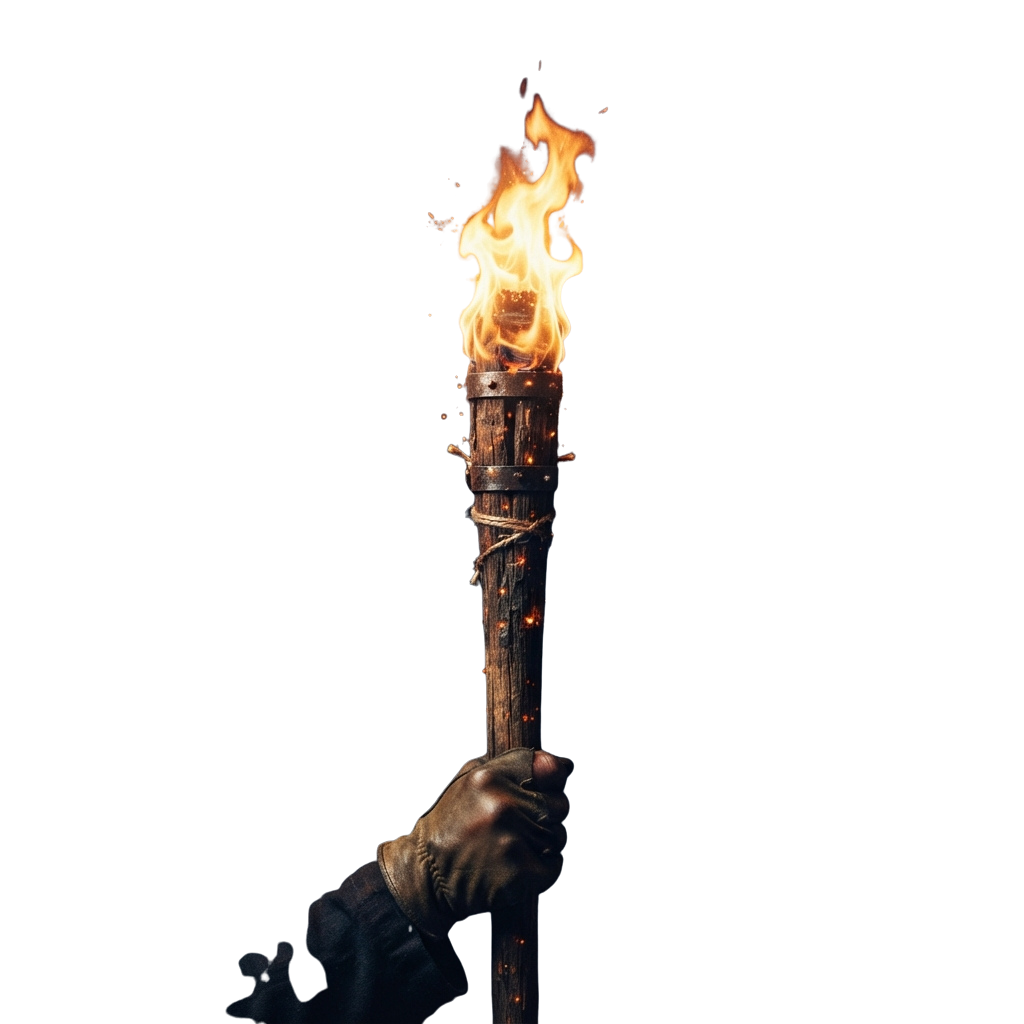 A hand holding a lit torch with bright orange and yellow flames.