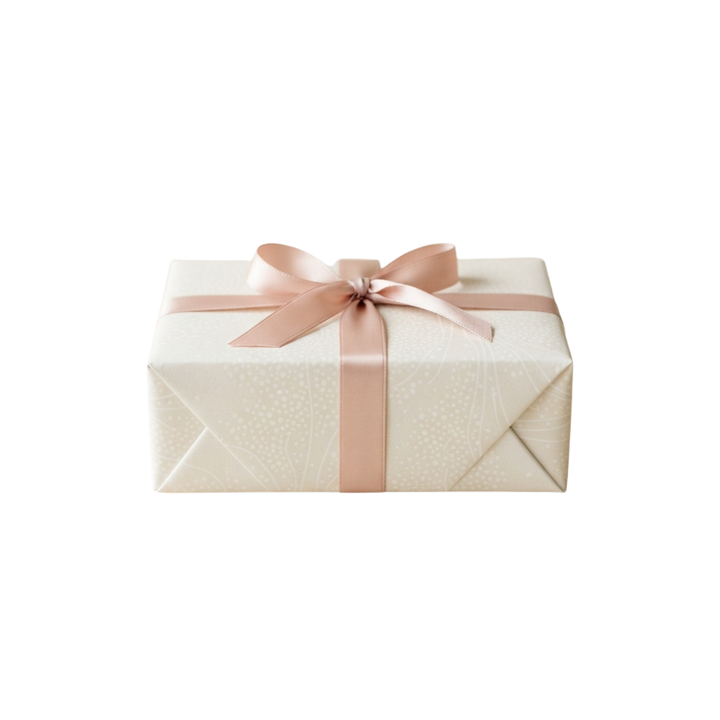 A neatly wrapped rectangular gift box with a light pink satin ribbon tied in a bow on a black background
