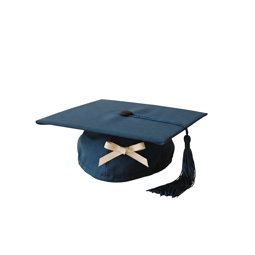 A navy blue graduation cap with a light-colored bow and a long tassel hanging down