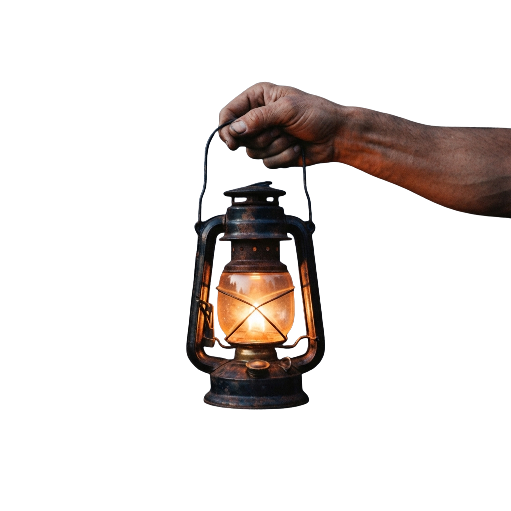 A hand holding an old-fashioned oil lamp emitting warm light against a dark background