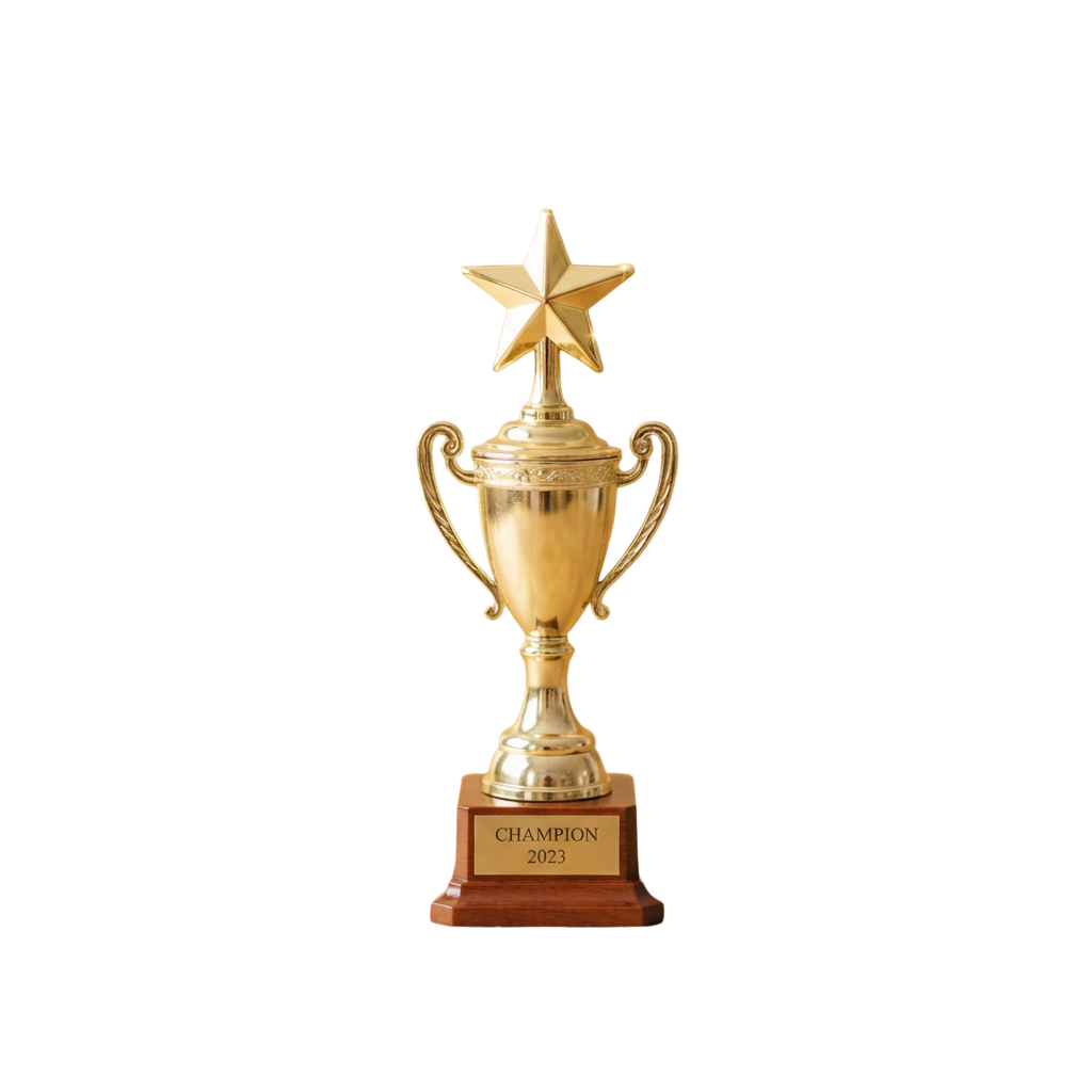 A gold trophy with a star on top and a wooden base labeled Champion 2023