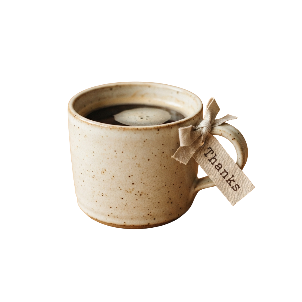 Ceramic coffee mug with a beige speckled finish, a handle, and a small tag tied with ribbon that reads Thanks