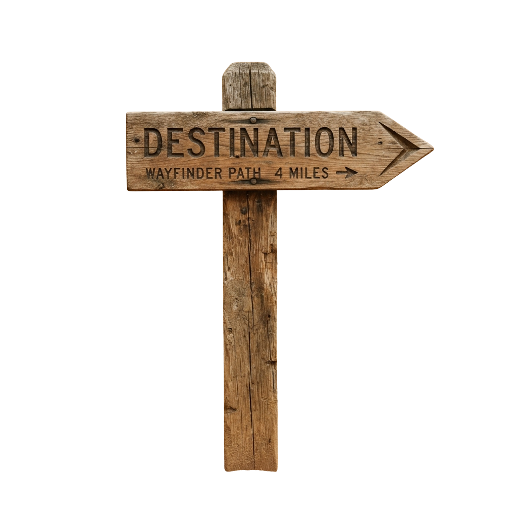 A rustic wooden signpost pointing right with text reading Destination and Wayfinder Path 4 Miles