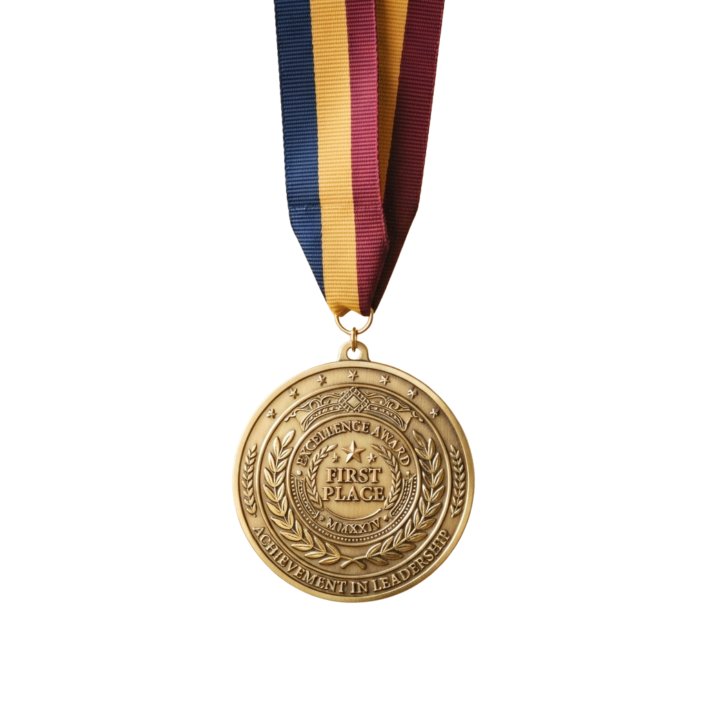 Gold first place medal with laurel wreath design and colorful ribbon featuring blue, yellow, and red stripes