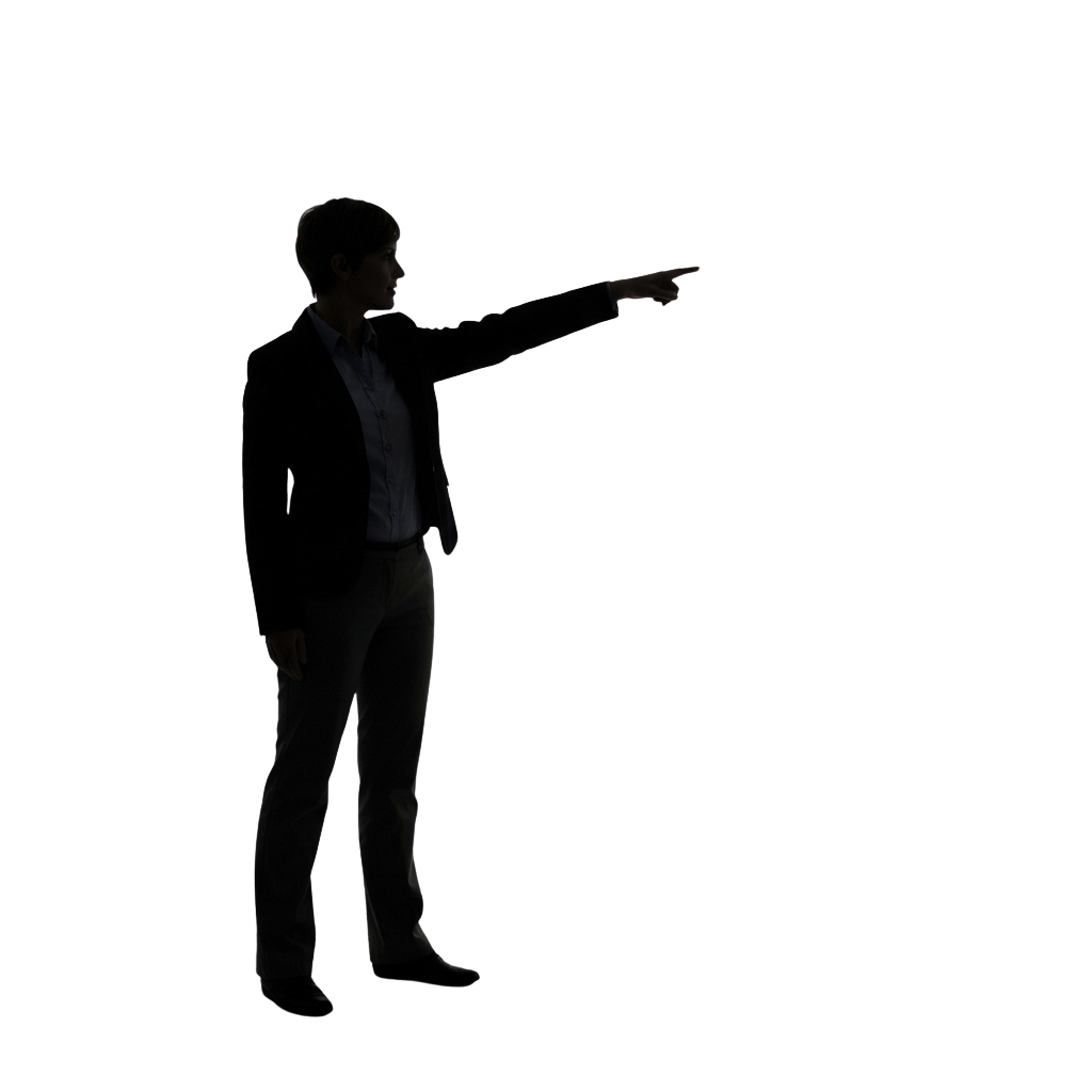 Silhouette of a person in formal attire pointing forward against a dark background