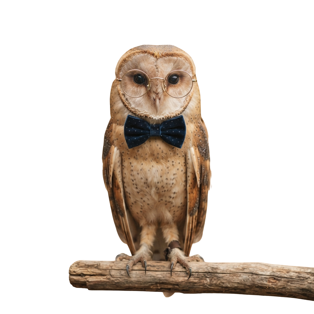 An owl perched on a branch wearing round glasses and a blue bow tie