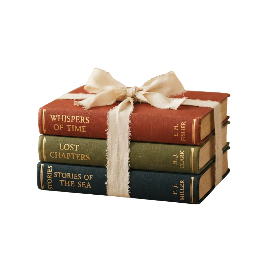 Four vintage-style books tied together with a ribbon and twine, forming a gift package.