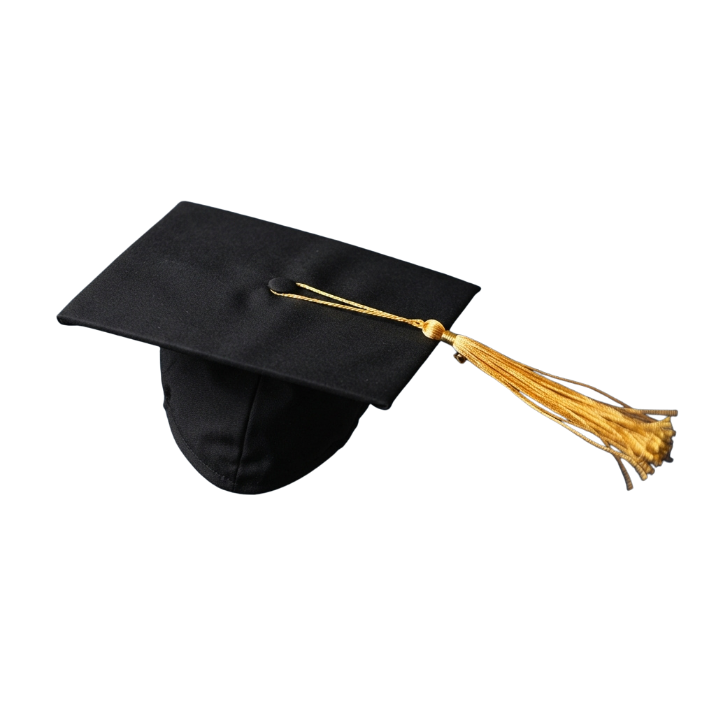 Black graduation cap with a gold tassel hanging from the right side