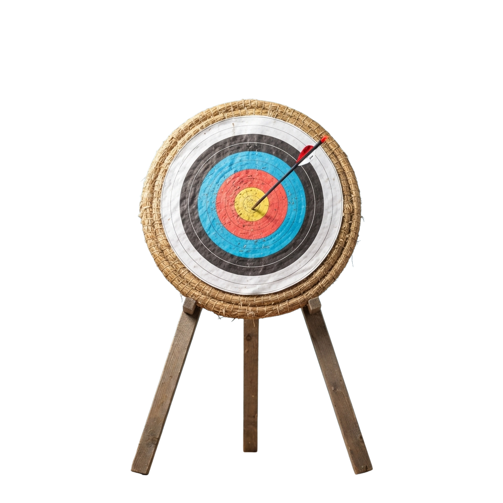 An archery target with concentric rings in red, blue, black, and white, mounted on a wooden stand with an arrow stuck in the blue ring