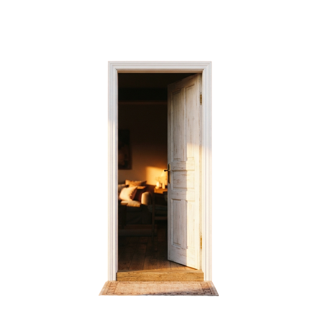Open white door showing a warmly lit bedroom with a bed and soft lighting