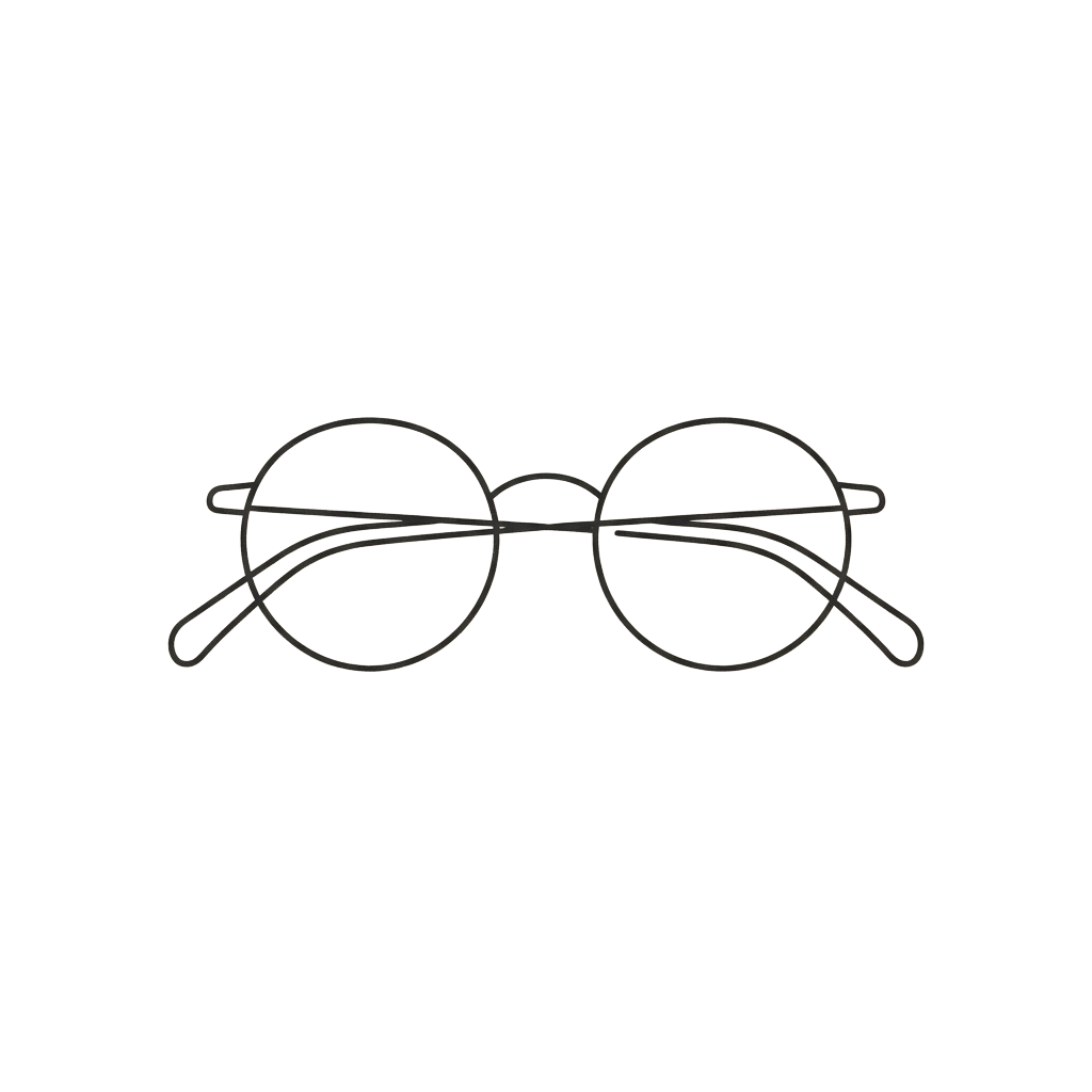 A minimalist line drawing of round-framed wire glasses centered against a black background