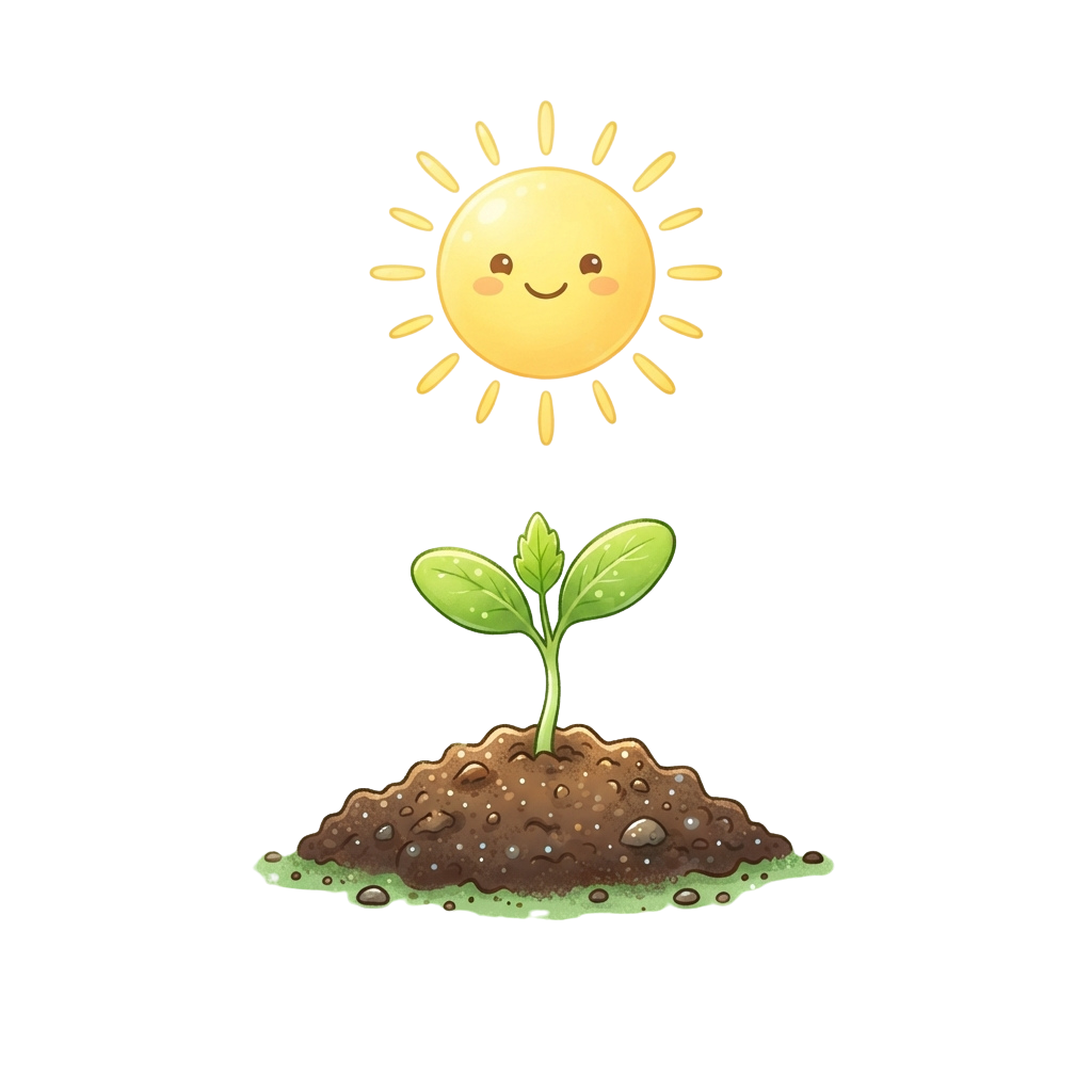 A smiling sun with rays above a small green seedling sprouting from dark soil.