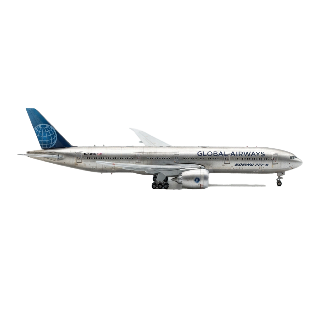 Side view of a large Boeing 777-9 passenger jet with Global Airways branding on a dark background