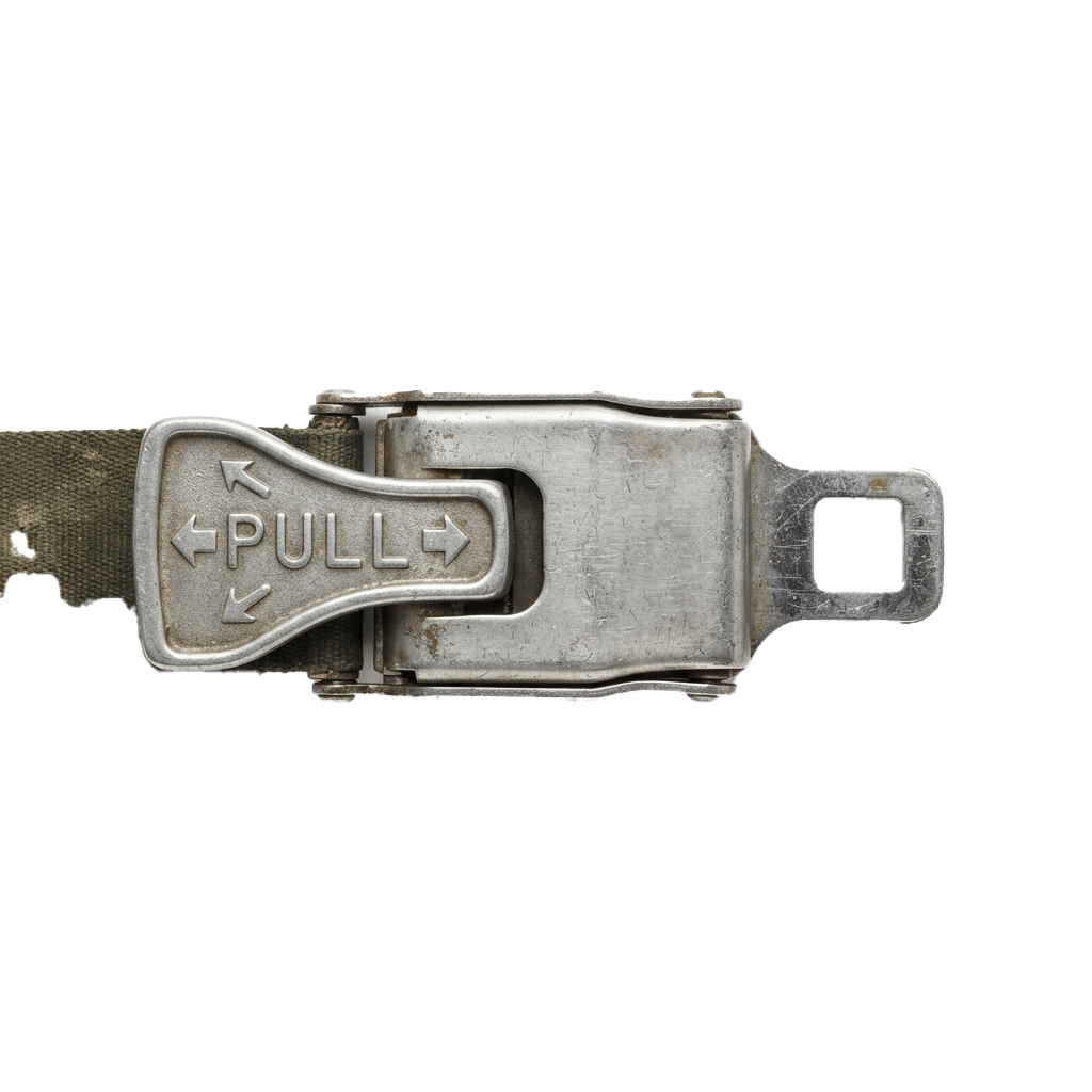 Close-up of a metal seatbelt buckle with a pull tab labeled PULL and directional arrows