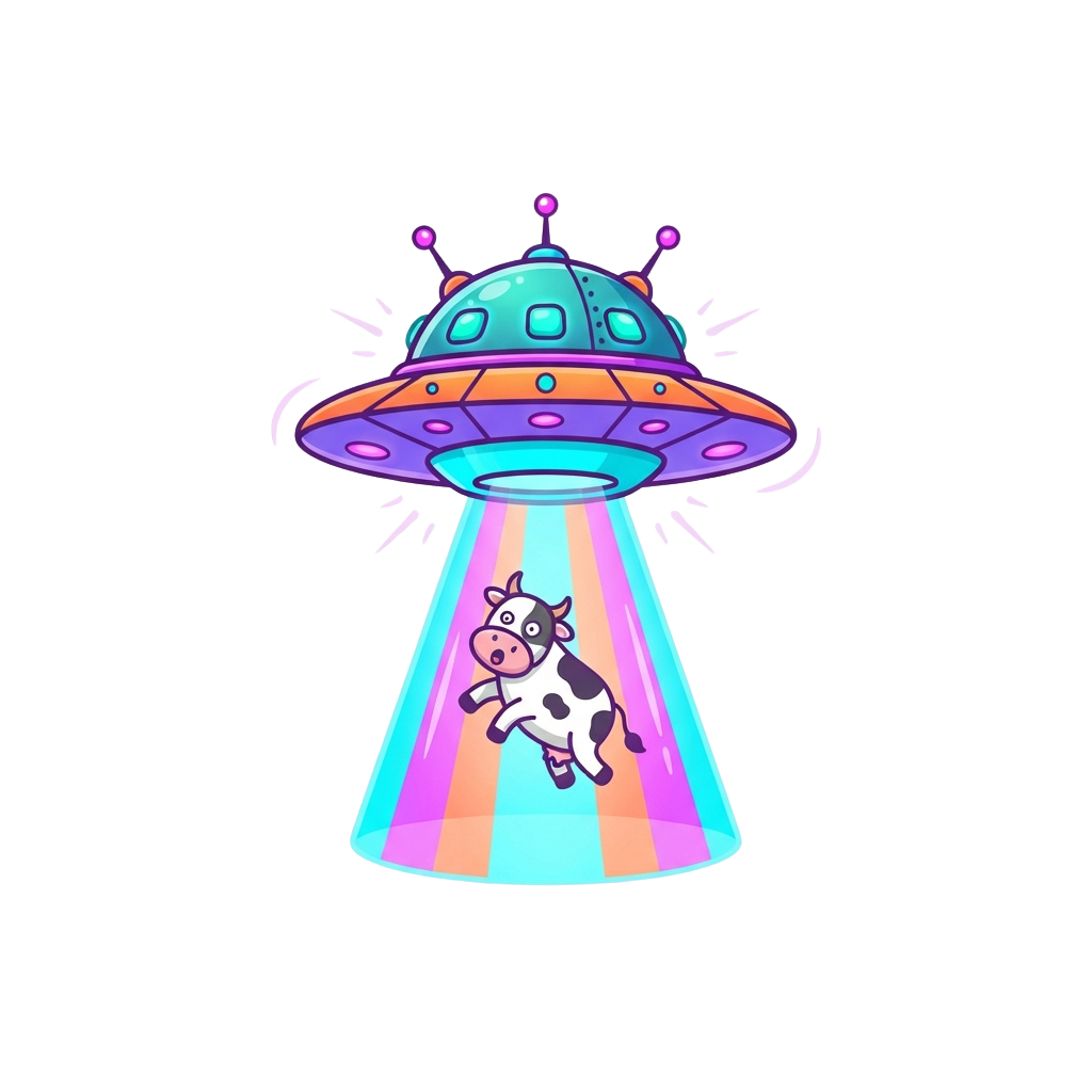 Cartoon UFO with a cow jumping inside, emitting colorful light beams
